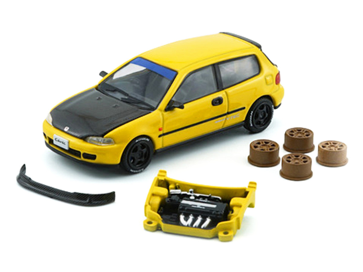 Honda Civic EG6 RHD (Right Hand Drive) Yellow with Carbon Hood with Alternates 1/64 Diecast Model Car by BM Creations-1