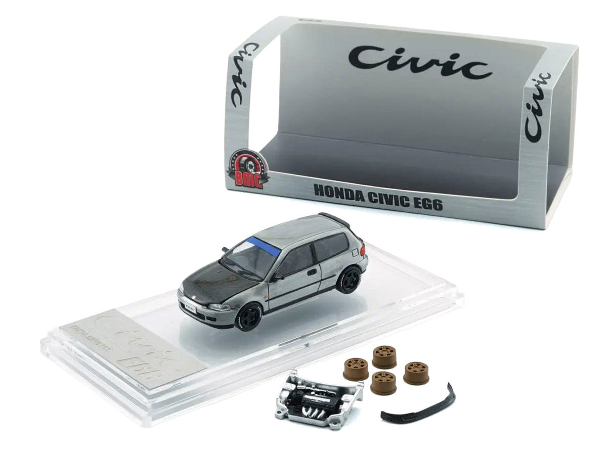 Honda Civic EG6 RHD (Right Hand Drive) Raw Metal with Carbon Hood with Alternates 1/64 Diecast Model Car by BM Creations-1
