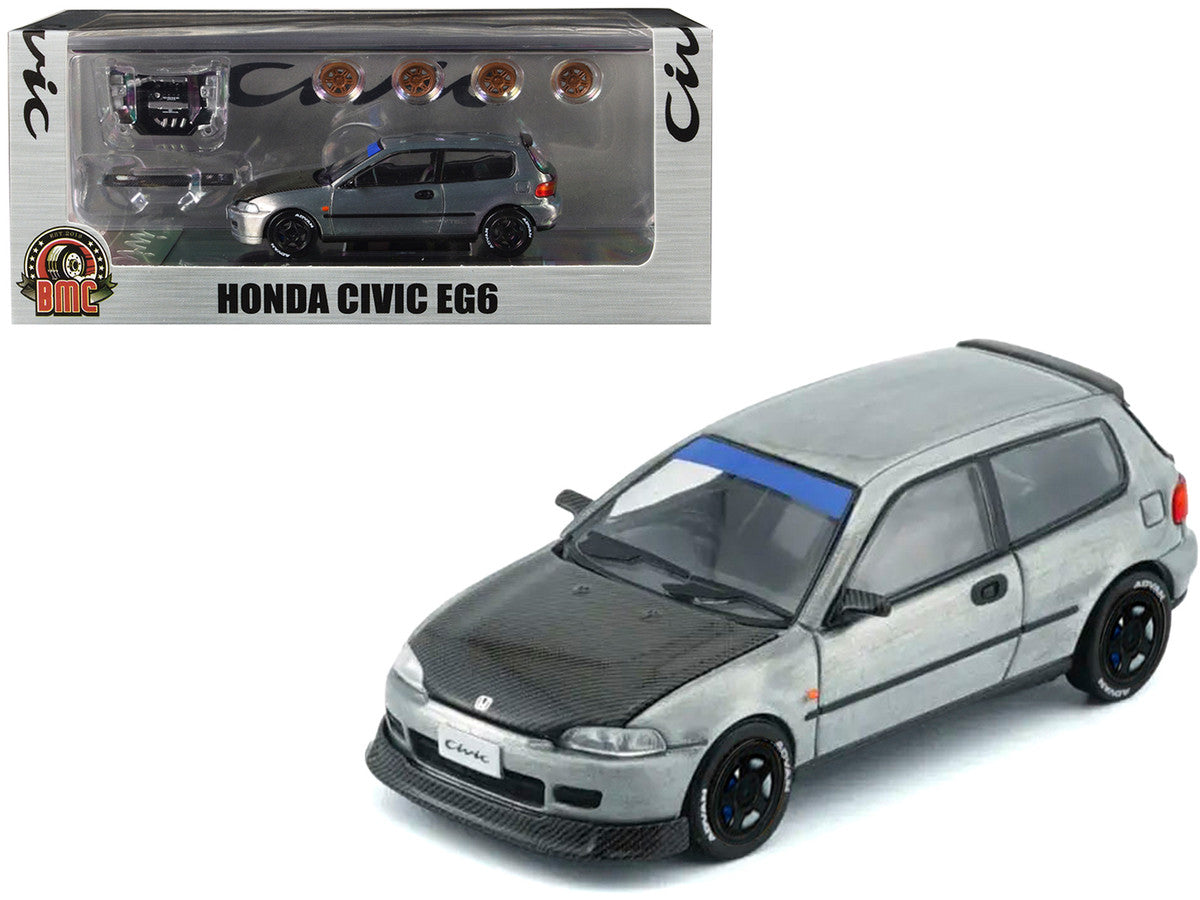 Honda Civic EG6 RHD (Right Hand Drive) Raw Metal with Carbon Hood with Alternates 1/64 Diecast Model Car by BM Creations-4