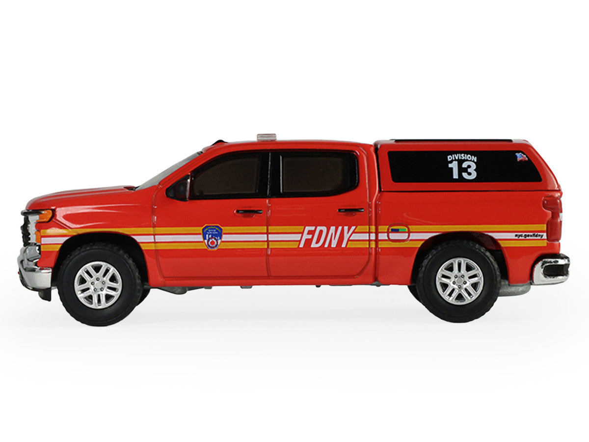 2023 Chevrolet Silverado Pickup Truck with Camper Shell "FDNY (New York City Fire Department)" Red with Stripes "Fire & Rescue" Series #5 1/64 Diecast Model Car by Greenlight-0