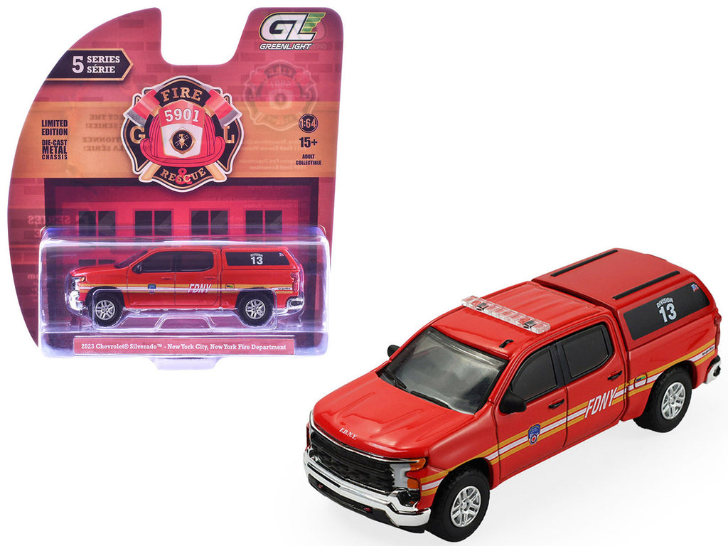 2023 Chevrolet Silverado Pickup Truck with Camper Shell "FDNY (New York City Fire Department)" Red with Stripes "Fire & Rescue" Series #5 1/64 Diecast Model Car by Greenlight-4