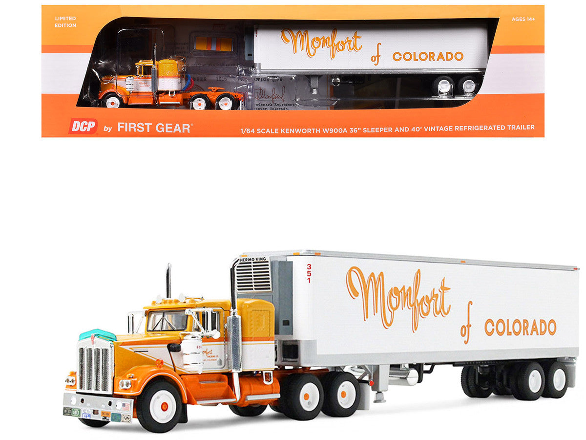 Kenworth W900A with 36" Sleeper and 40' Vintage Trailer with Reefer "Monfort of Colorado" Orange and White "Fallen Flag #50" 1/64 Diecast Model by DCP/First Gear-4