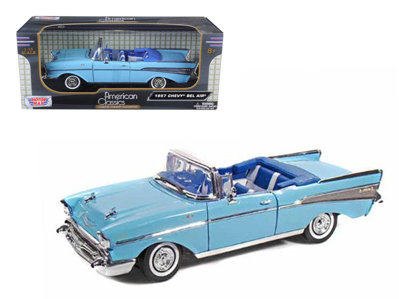 1957 Chevrolet Bel Air Convertible Light Blue with Blue Interior 1/18 Diecast Model Car by Motormax-0