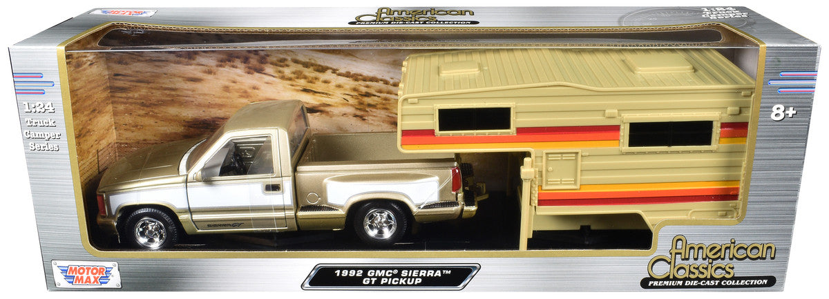 1992 GMC Sierra GT Pickup Truck Gold Metallic with White Sides with Camper Shell "American Classics" Series 1/24 Diecast Model Car by Motormax-0