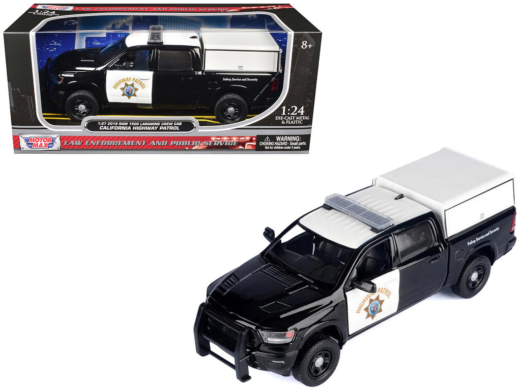 2019 RAM 1500 Laramine Crew Cab Pickup Truck "California Highway Patrol" Black and White with Truck Bed Camper "Law Enforcement and Public Service" Series 1/27 Diecast Model Car by Motormax-0