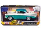 1957 Chevrolet Bel Air Lowrider Turquoise Metallic and White "Get Low" Series 1/24 Diecast Model Car by Motormax-2