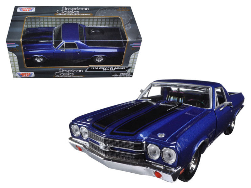 1970 Chevrolet El Camino SS 396 Dark Blue Metallic with Black Stripes 1/24 Diecast Model Car by Motormax-0