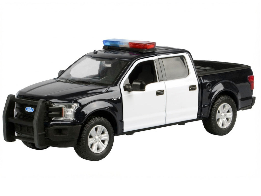 2019 Ford F-150 Lariat Crew Cab Pickup Truck Black and White with Flashing Light Bar and Front and Rear Lights and Sounds 1/27 Diecast Model Car by Motormax-1
