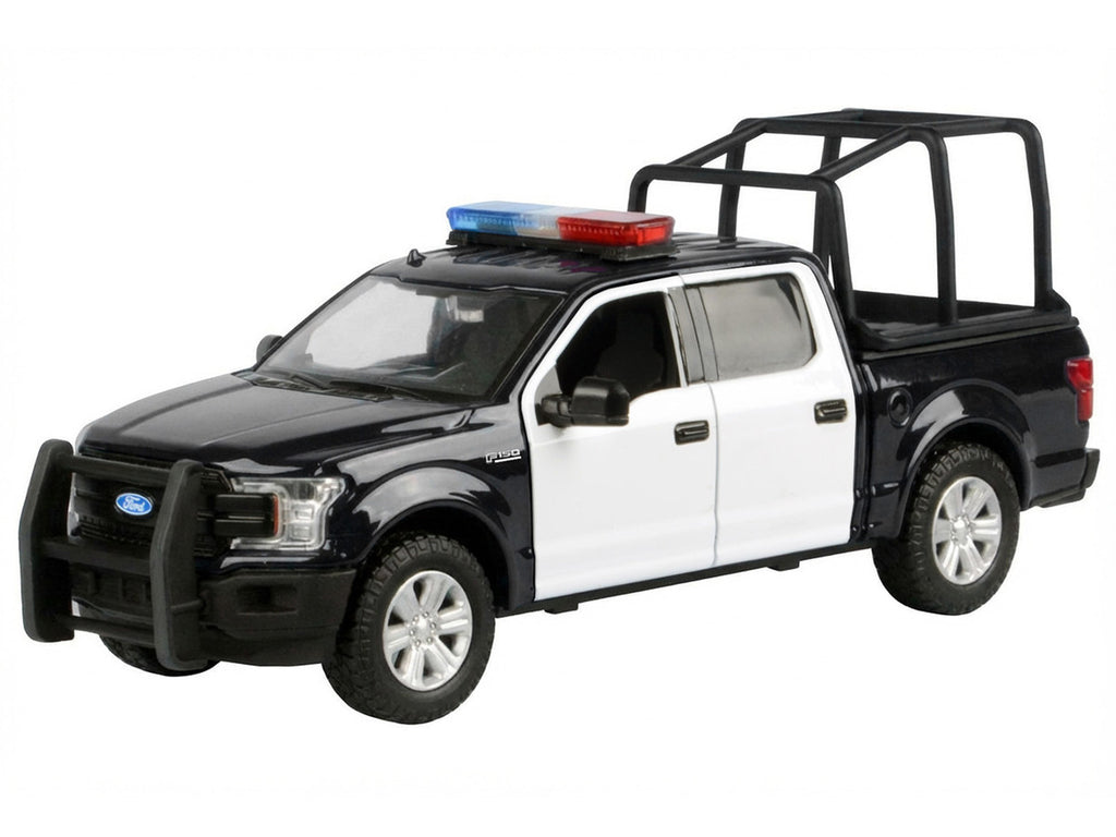 2019 Ford F-150 Lariat Crew Cab Pickup Truck with Bed Cage Black and White with Flashing Light Bar and Front and Rear Lights and Sounds 1/27 Diecast Model Car by Motormax-1