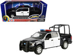 2019 Ford F-150 Lariat Crew Cab Pickup Truck with Bed Cage Black and White with Flashing Light Bar and Front and Rear Lights and Sounds 1/27 Diecast Model Car by Motormax-0