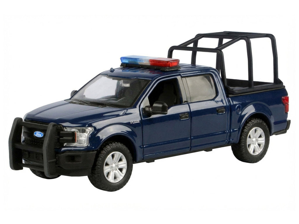 2019 Ford F-150 Lariat Crew Cab Pickup Truck with Bed Cage Dark Blue with Flashing Light Bar and Front and Rear Lights and Sounds 1/27 Diecast Model Car by Motormax-1