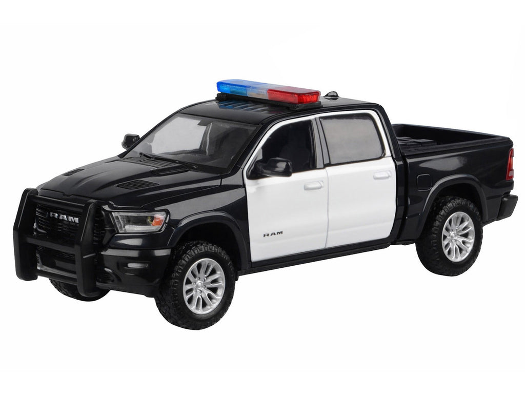 2019 RAM 1500 Laramie Crew Cab Pickup Truck Black and White with Flashing Light Bar and Front and Rear Lights and Sounds 1/27 Diecast Model Car by Motormax-1