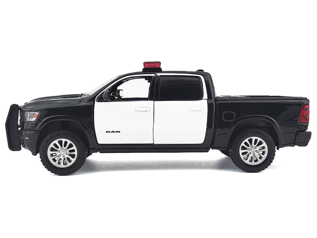 2019 RAM 1500 Laramie Crew Cab Pickup Truck Black and White with Flashing Light Bar and Front and Rear Lights and Sounds 1/27 Diecast Model Car by Motormax-2
