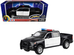 2019 RAM 1500 Laramie Crew Cab Pickup Truck Black and White with Flashing Light Bar and Front and Rear Lights and Sounds 1/27 Diecast Model Car by Motormax-0