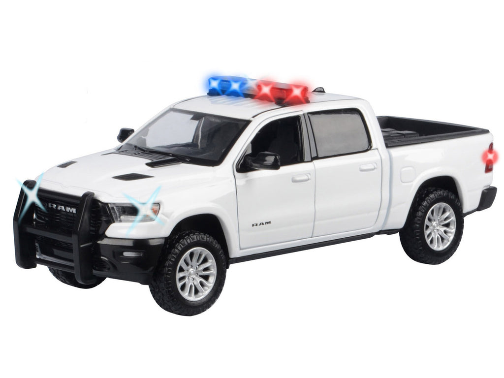 2019 RAM 1500 Laramie Crew Cab Pickup Truck White with Flashing Light Bar and Front and Rear Lights and Sounds 1/27 Diecast Model Car by Motormax-1