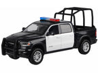 2019 RAM 1500 Laramie Crew Cab Pickup Truck with Bed Cage Black and White with Flashing Light Bar and Front and Rear Lights and Sounds 1/27 Diecast Model Car by Motormax-1