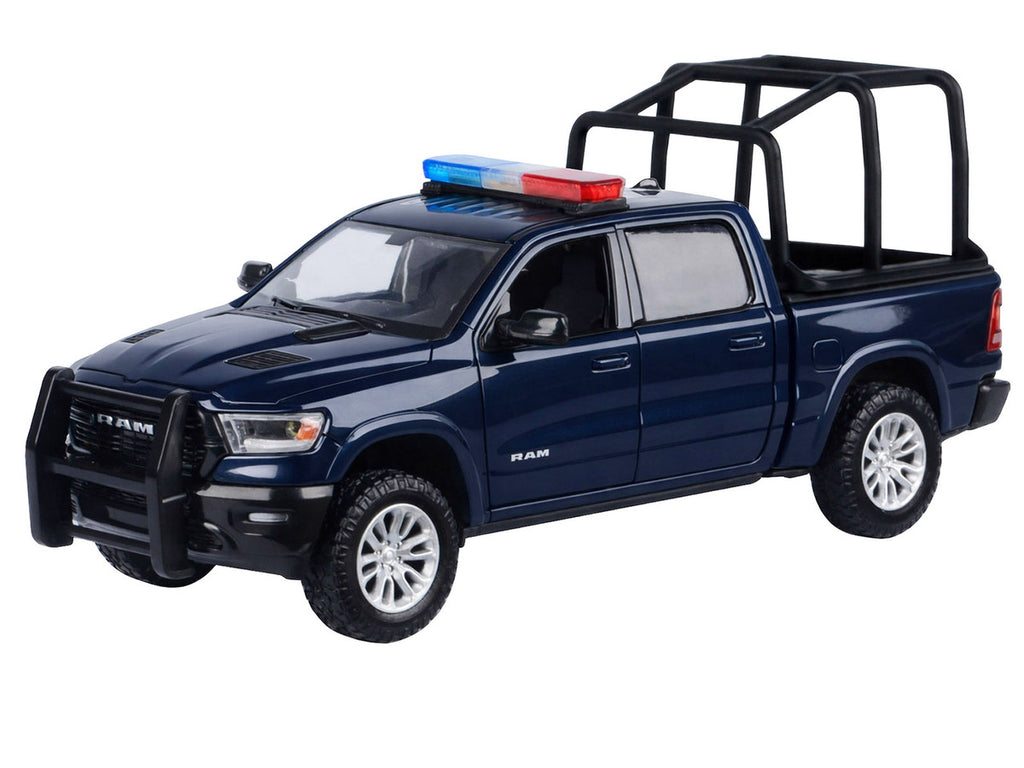2019 RAM 1500 Laramie Crew Cab Pickup Truck with Bed Cage Dark Blue with Flashing Light Bar and Front and Rear Lights and Sounds 1/27 Diecast Model Car by Motormax-0