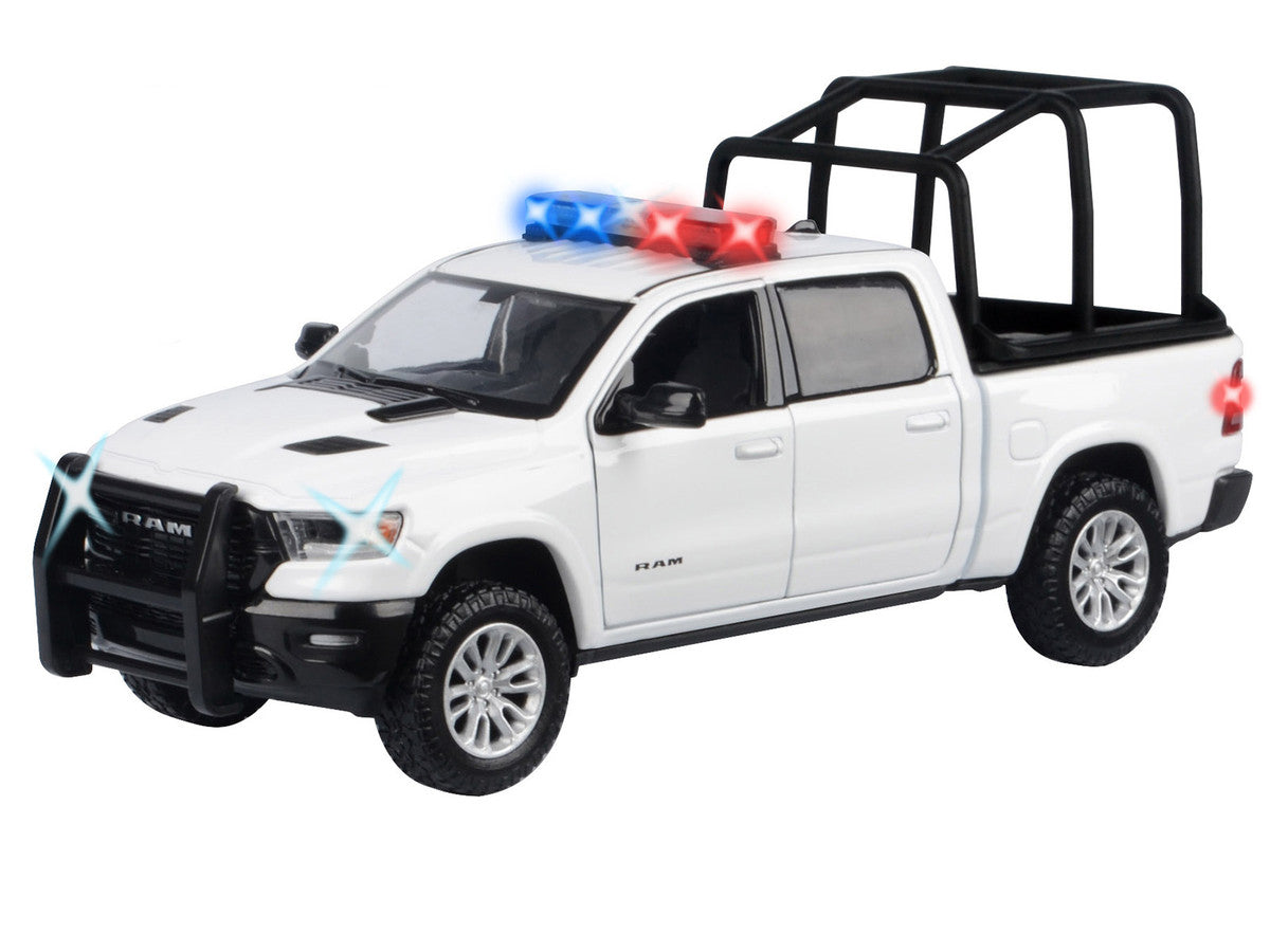 2019 RAM 1500 Laramie Crew Cab Pickup Truck with Bed Cage White with Flashing Light Bar and Front and Rear Lights and Sounds 1/27 Diecast Model Car by Motormax-0