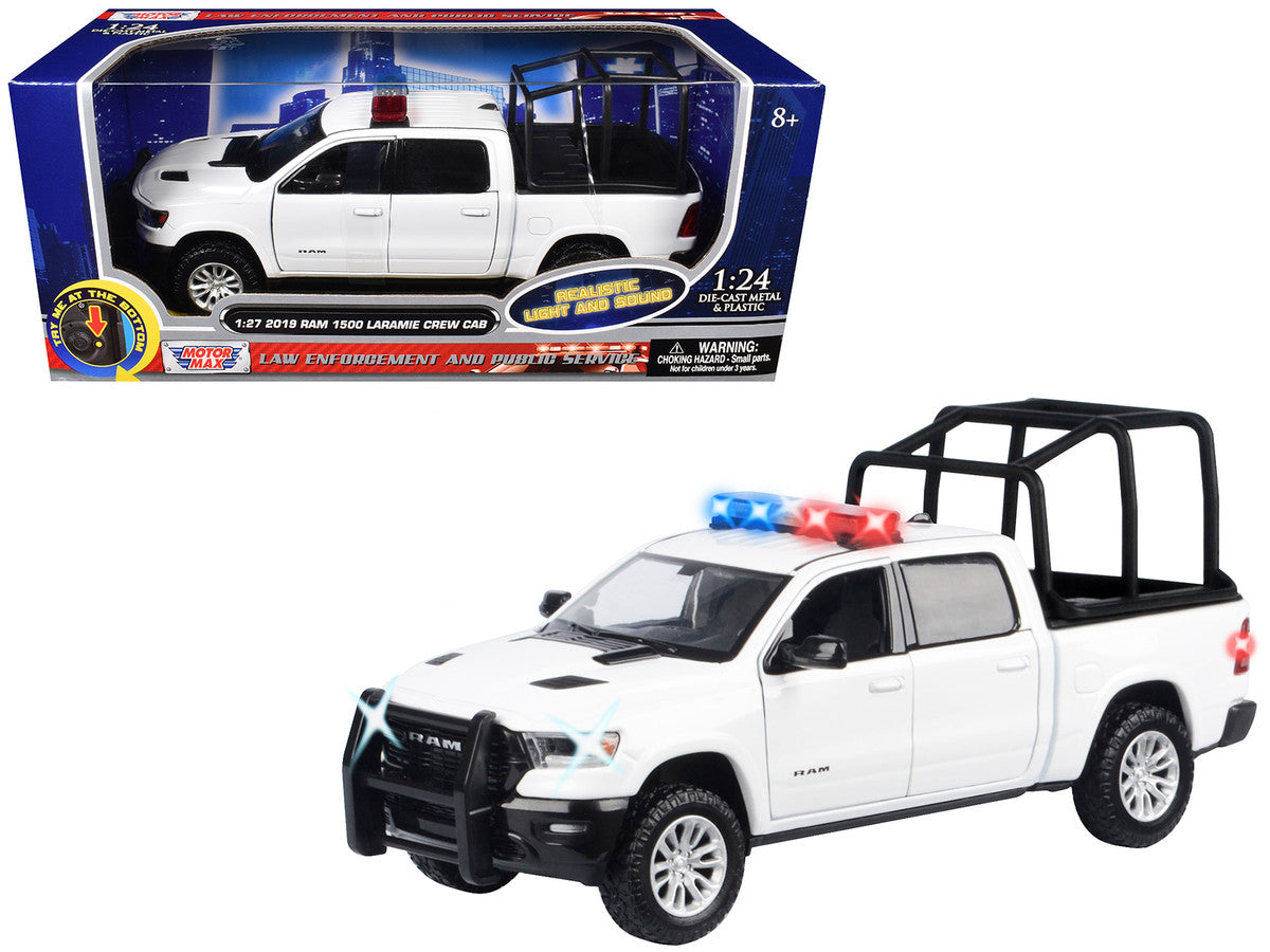 2019 RAM 1500 Laramie Crew Cab Pickup Truck with Bed Cage White with Flashing Light Bar and Front and Rear Lights and Sounds 1/27 Diecast Model Car by Motormax-2