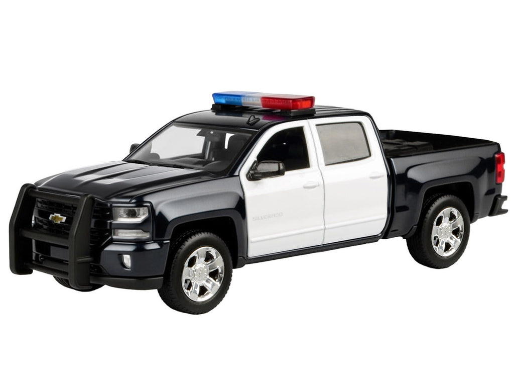 2017 Chevrolet Silverado 1500 LT Z71 Crew Cab Pickup Truck Black and White with Flashing Light Bar and Front and Rear Lights and Sounds 1/27 Diecast Model Car by Motormax-1