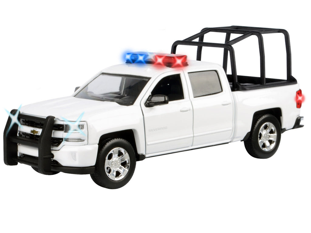 2017 Chevrolet Silverado 1500 LT Z71 Crew Cab Pickup Truck with White with Flashing Light Bar and Front and Rear Lights and Sounds 1/27 Diecast Model Car by Motormax-1