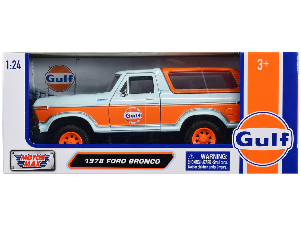 1978 Ford Bronco Light Blue and Orange "Gulf Oil" "Gulf Die-Cast Collection" 1/24 Diecast Model Car by Motormax-0