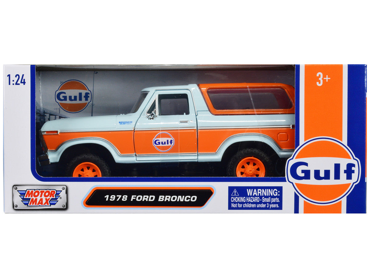 1978 Ford Bronco Light Blue and Orange "Gulf Oil" "Gulf Die-Cast Collection" 1/24 Diecast Model Car by Motormax-0