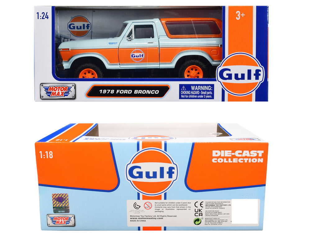 1978 Ford Bronco Light Blue and Orange "Gulf Oil" "Gulf Die-Cast Collection" 1/24 Diecast Model Car by Motormax-2