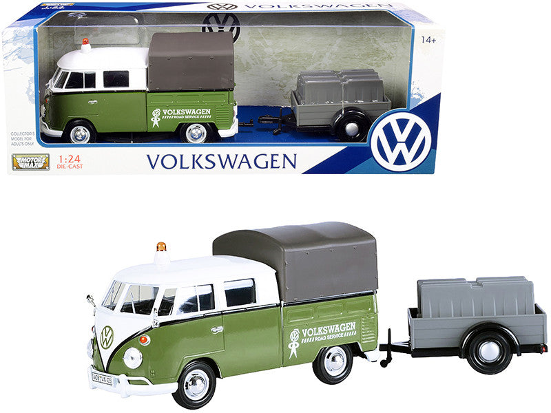 Volkswagen T1 Pickup with Canopy Green and White with Trailer "Road Service" 1/24 Diecast Model Car by Motormax-0