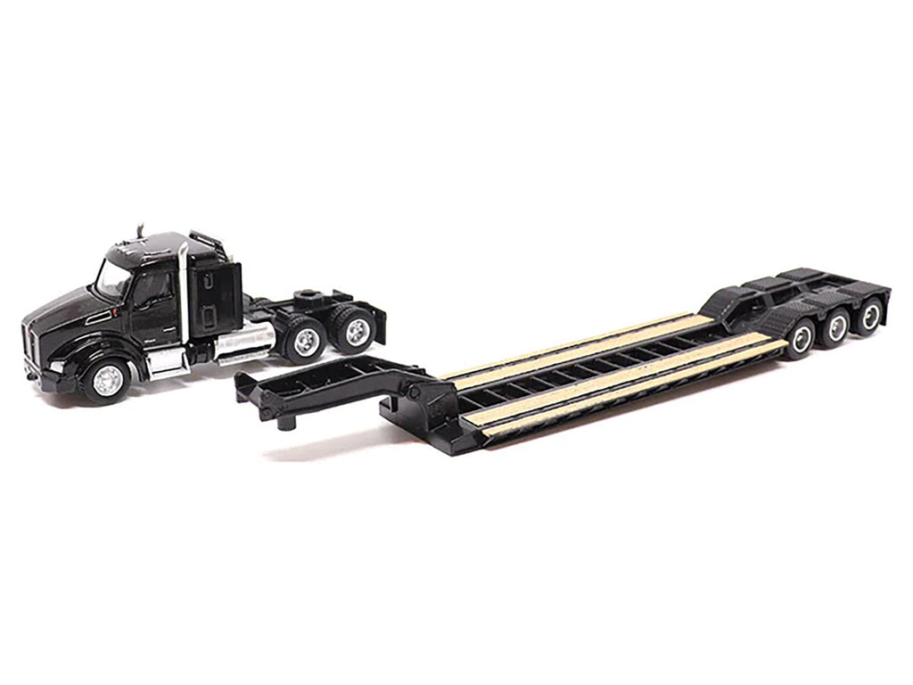 Kenworth T880 SBFS Sleeper Tandem Tractor Black with Lowboy Trailer and CAT 320D L Hydraulic Excavator Yellow 1/87 (HO) Diecast Model by Diecast Masters-1
