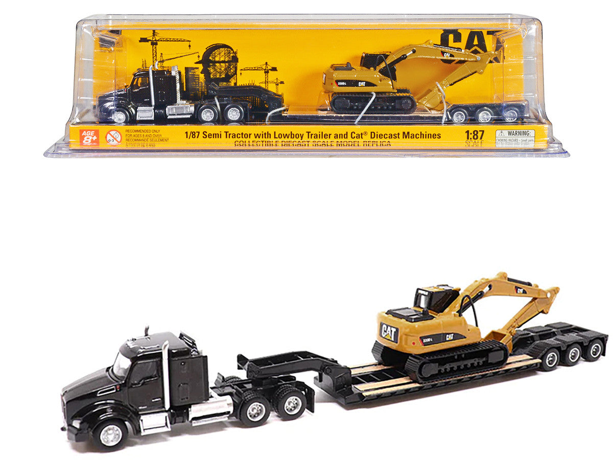 Kenworth T880 SBFS Sleeper Tandem Tractor Black with Lowboy Trailer and CAT 320D L Hydraulic Excavator Yellow 1/87 (HO) Diecast Model by Diecast Masters-0