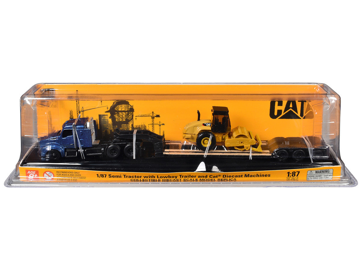 Kenworth T880 Tractor Blue Metallic with Lowboy Trailer and CAT Padfoot Roller Yellow 1/87 (HO) Diecast Model by Diecast Masters-0