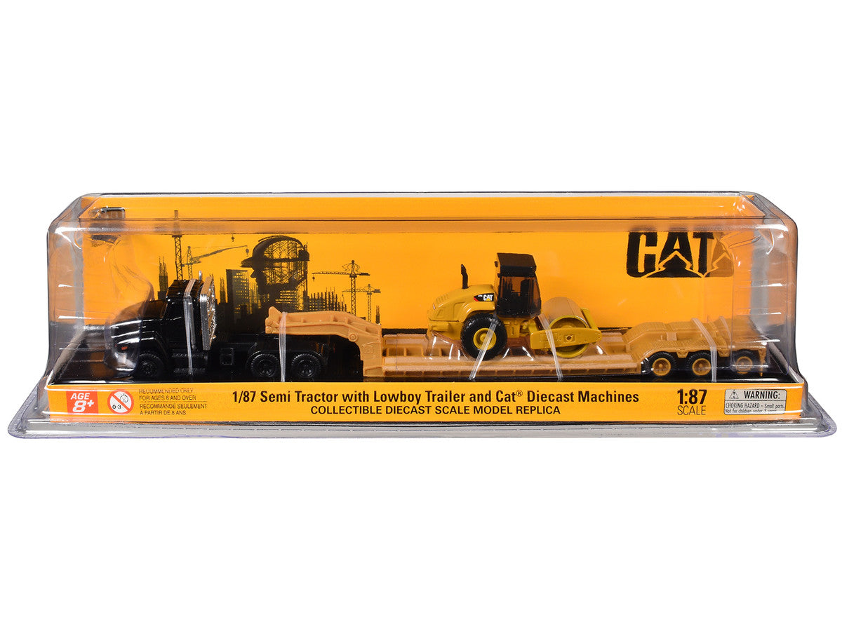 Kenworth T880 Tractor Black with Lowboy Trailer and CAT Roller Yellow 1/87 (HO) Diecast Model by Diecast Masters-0