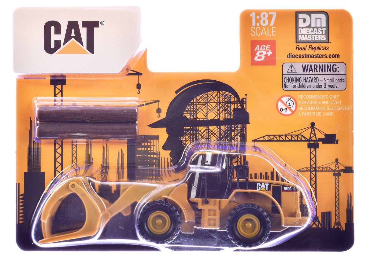 CAT Caterpillar 950G Wheel Loader Yellow with Log Fork and Wood Log Accessories 1/87 (HO) Diecast Model by Diecast Masters-0