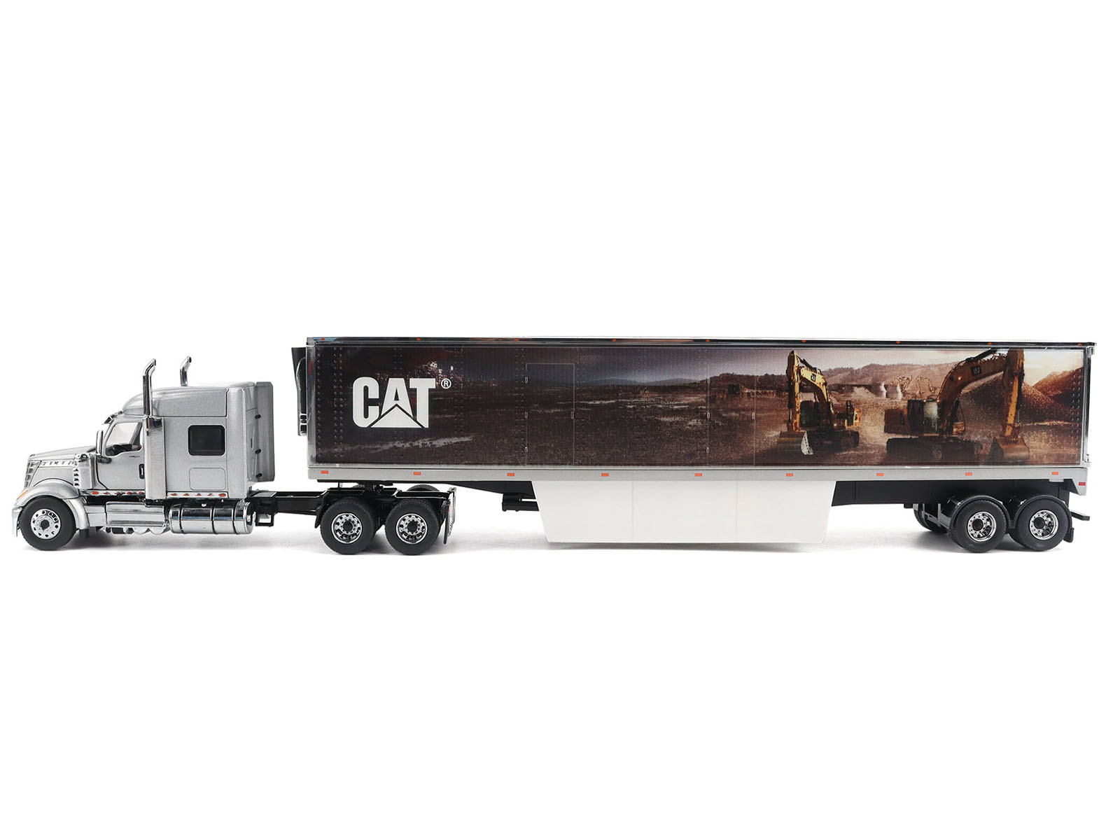 International Lonestar Truck with Sleeper Silver Metallic with "CAT Caterpillar" Mural Trailer "Transport Series" 1/50 Diecast Model by Diecast Masters