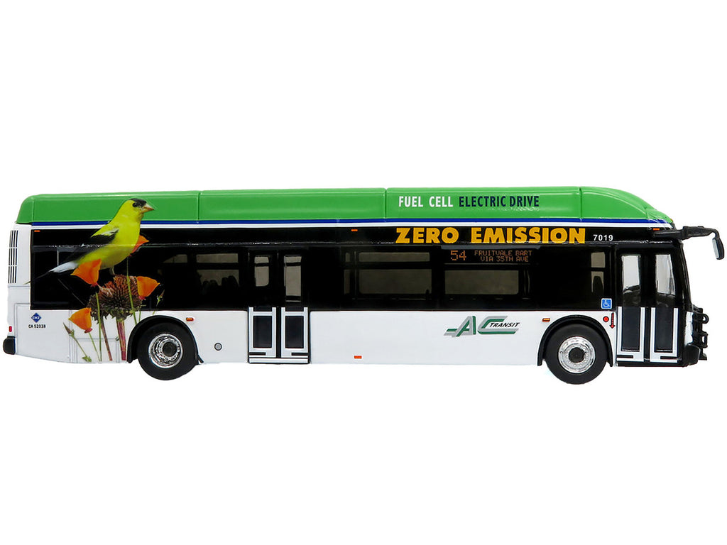 New Flyer Xcelsior XHE40 Transit Bus "AC Transit - Zero Emission" White and Green with Graphics "The Bus & Motorcoach Collection" Limited Edition 1/87 (HO) Diecast Model by Iconic Replicas-1