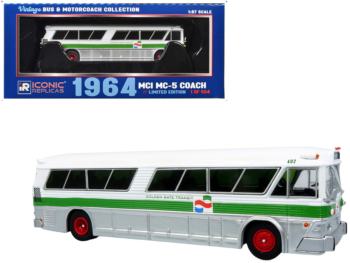 1964 MCI MC-5A Coach Bus "Golden Gate Transit" White with Green Stripes "Vintage Bus & Motorcoach Collection" Limited Edition to 504 pieces Worldwide 1/87 (HO) Diecast Model by Iconic Replicas-4