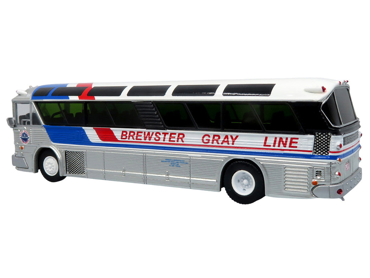 1964 MCI MC-5A Coach Bus "Brewster Gray Line" Silver with Blue and Red Stripes "Vintage Bus & Motorcoach Collection" Limited Edition to 504 pieces Worldwide 1/87 (HO) Diecast Model by Iconic Replicas-1