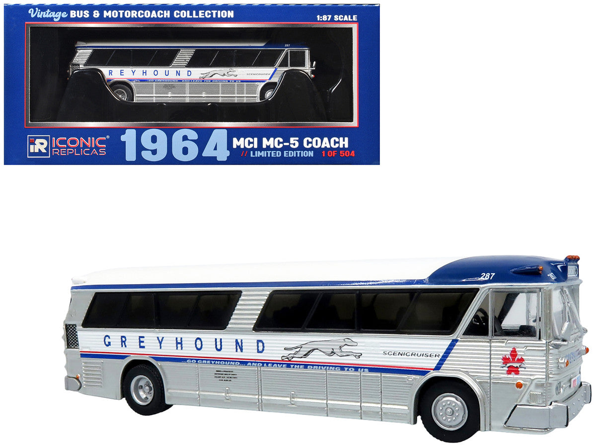 1964 MCI MC-5A Coach Bus "Greyhound Canada" White with Blue Stripes "Vintage Bus & Motorcoach Collection" Limited Edition to 504 pieces Worldwide 1/87 (HO) Diecast Model by Iconic Replicas-4
