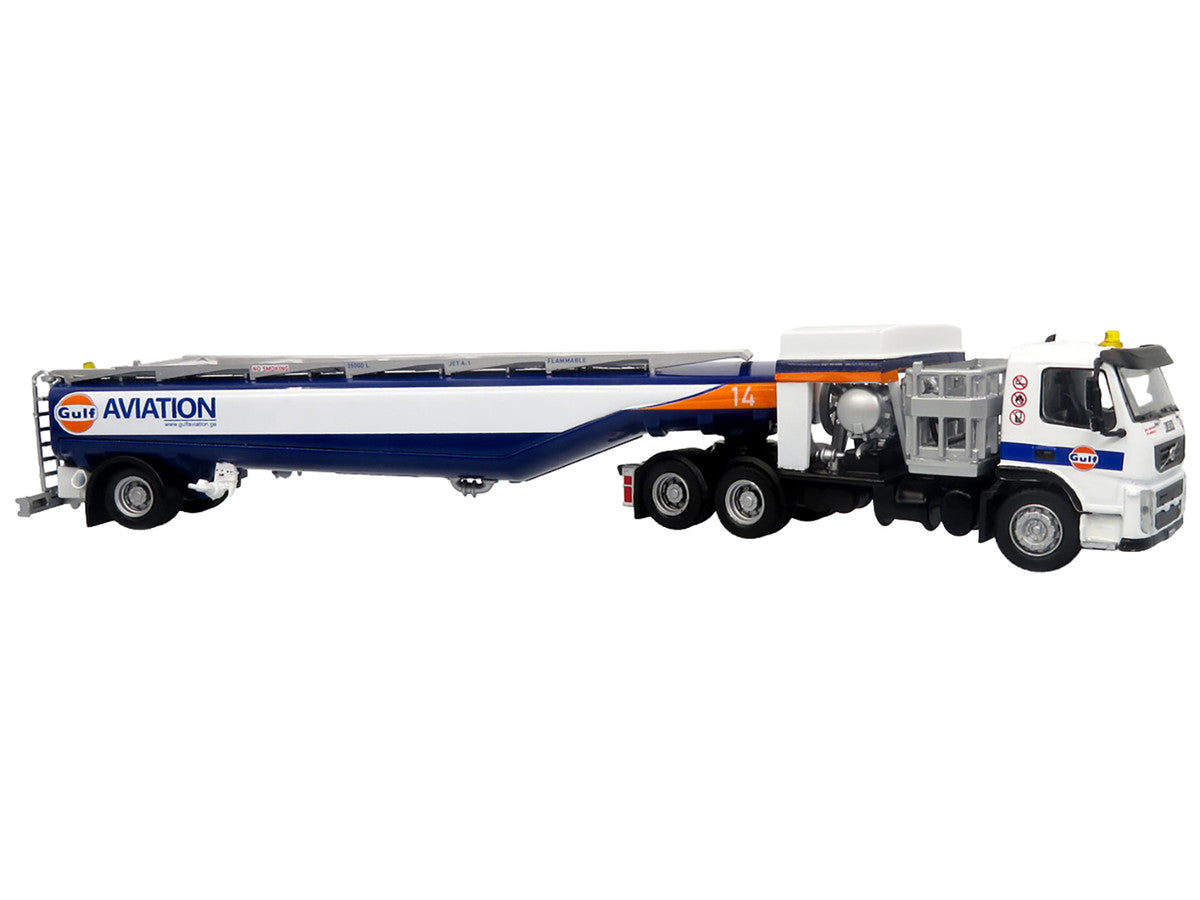 Volvo FM500 with Esterer Aviation Refueling Tanker Truck "Gulf Aviation" White with Blue Stripes Limited Edition 1/87 (HO) Diecast Model by Iconic Replicas-0