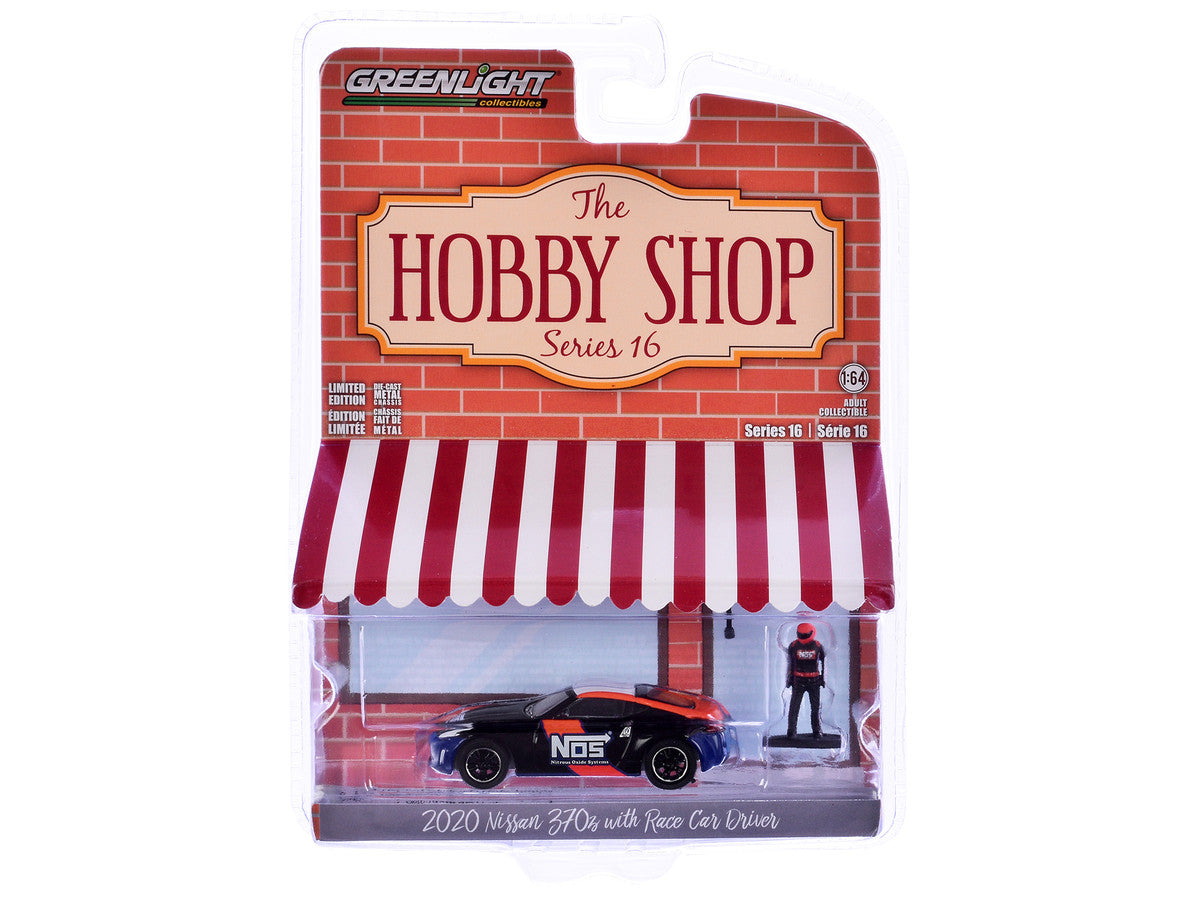 2020 Nissan 370z "NOS Nitrous Oxide Systems" Black with Graphics and Race Car Driver "The Hobby Shop" Series 16 1/64 Diecast Model Car by Greenlight-1