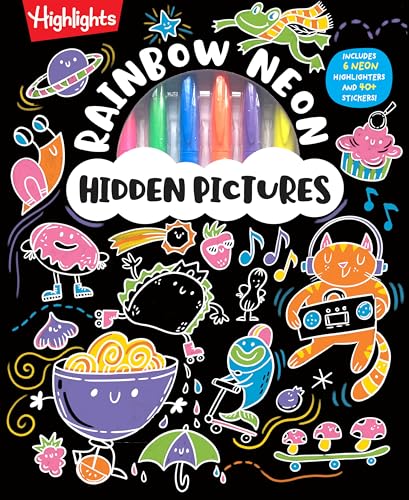 Rainbow Neon Hidden Pictures: Rainbow Activity Book with Neon Markers and Over 40 Stickers, Fun Sticker Puzzle Book for Creative Kids Ages 6-12 - Hardcover