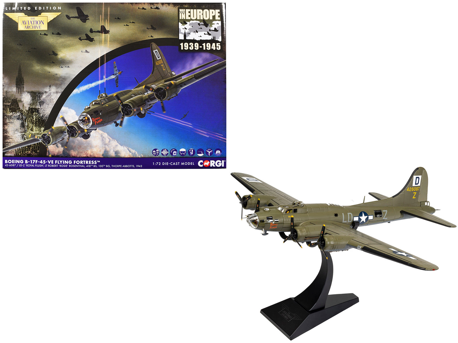 Boeing B-17F Flying Fortress Bomber Aircraft "42-6087 Royal Flush Lieutenant Robert 'Rosie' Rosenthal 418th BS 100th Bomb Group Thorpe Abbotts" (1943) United States Army Air Forces "The Aviation Archive" Series 1/72 Diecast Model by Corgi