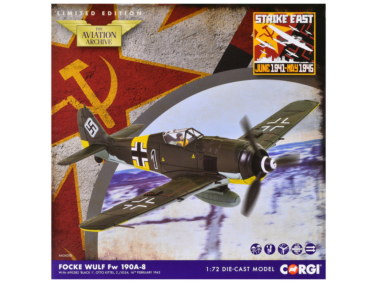 Focke-Wulf Fw 190A-8 Fighter Aircraft "Black 1 Oberleutnant Otto Kittel 2./JG54" (1945) German Luftwaffe "The Aviation Archive" Series 1/72 Diecast Model by Corgi-2