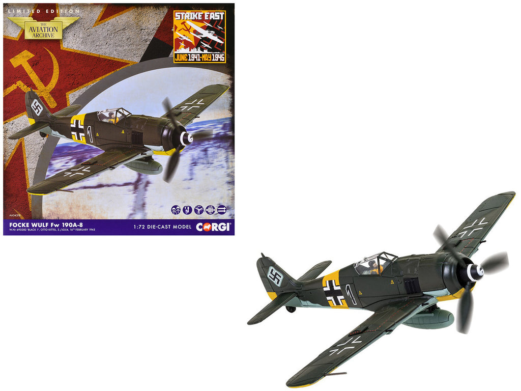 Focke-Wulf Fw 190A-8 Fighter Aircraft "Black 1 Oberleutnant Otto Kittel 2./JG54" (1945) German Luftwaffe "The Aviation Archive" Series 1/72 Diecast Model by Corgi-0