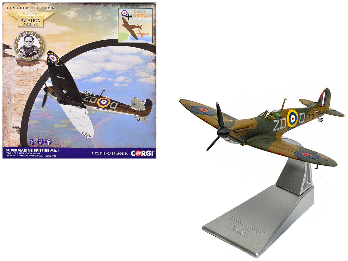 Supermarine Spitfire MkI Fighter Aircraft "P9443 ZD-D Flight Lieutenant Douglas Bader No. 222 Squadron Battle of Britain" (1940) Royal Air Force "The Aviation Archive" Series 1/72 Diecast Model by Corgi-4