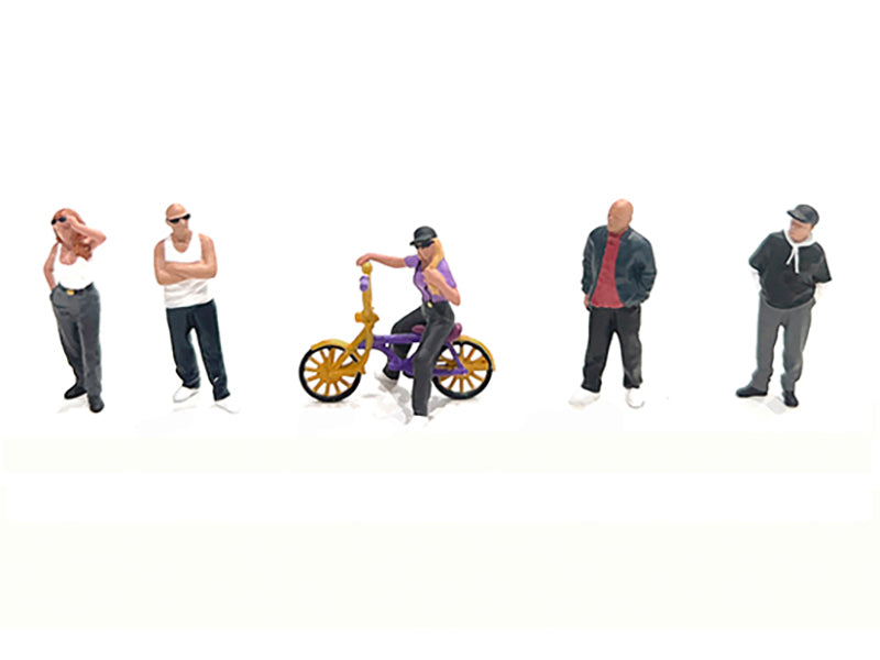 "Lowriders #5" 6 piece (5 People 1 Bicycle) Diecast Figures Set 1/64 Scale Models by American Diorama
