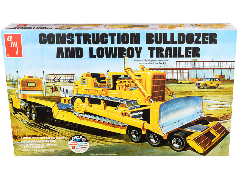 Skill 3 Model Kit Construction Bulldozer and Lowboy Trailer Set of 2 pieces 1/25 Scale Model by AMT-0