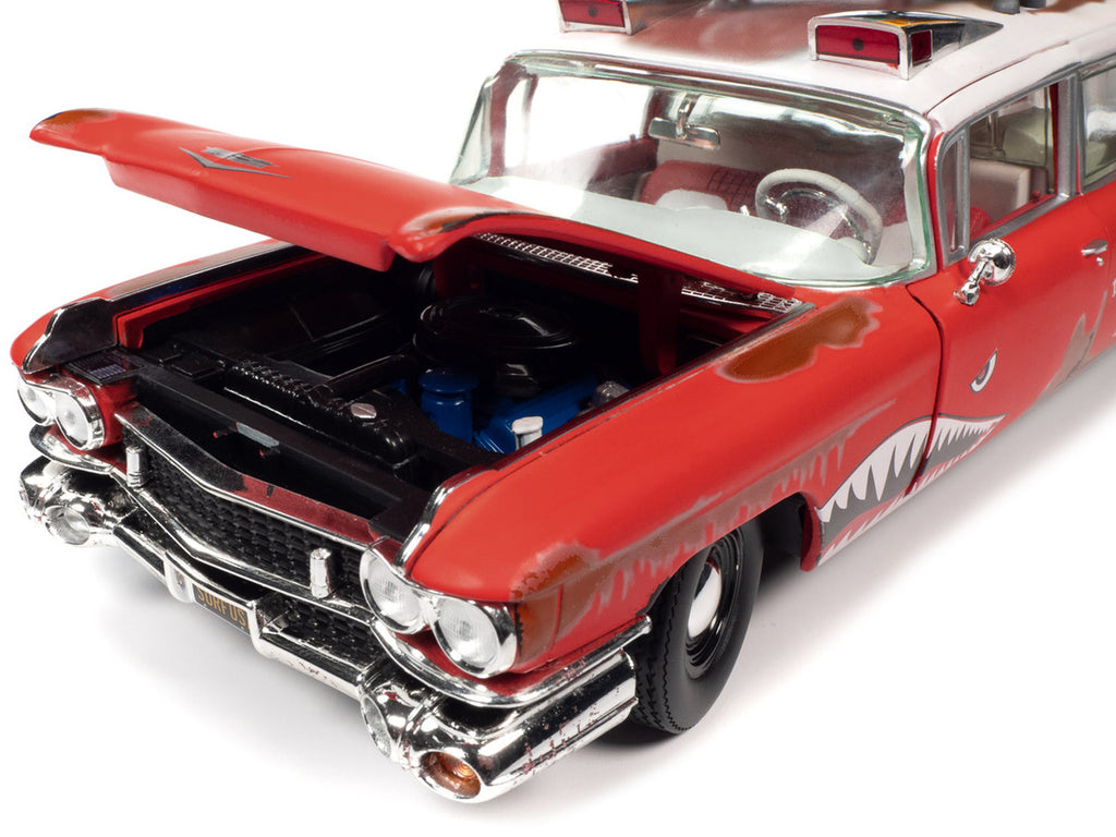 1959 Cadillac Eldorado Ambulance Red with White Top "Malibu Beach Rescue" (Weathered) with Surfboards on Roof "Surf Shark" 1/18 Diecast Model Car by Auto World-2