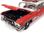 1959 Cadillac Eldorado Ambulance Red with White Top "Malibu Beach Rescue" (Weathered) with Surfboards on Roof "Surf Shark" 1/18 Diecast Model Car by Auto World-2